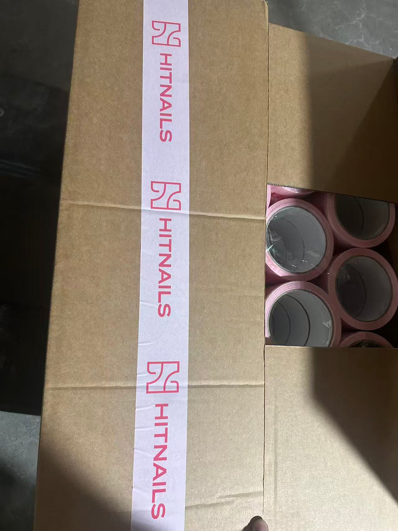 48 mm white packing tape with pink customer logo sealing a kraft carton