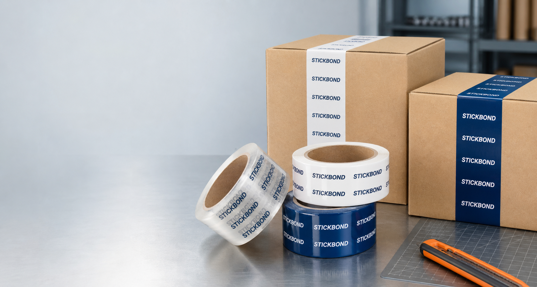 StickBond custom printed packing tape with logo on shipping boxes